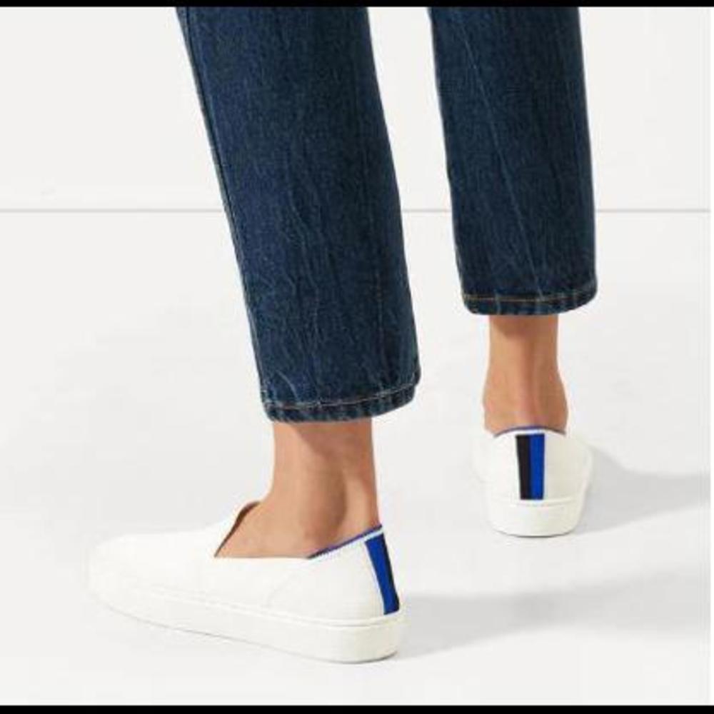 Rothy's White Slip-On Sneakers with Blue Heel Stripe